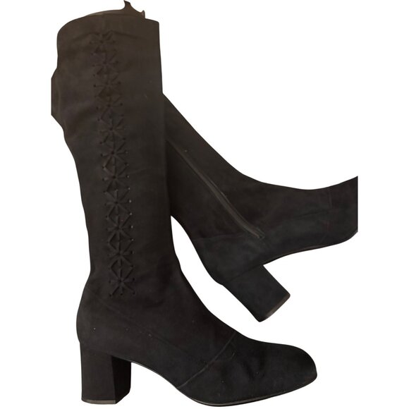 Crown Europa Navy Knee-High Suede Boots With Embroidered Detail Block Heel - Picture 2 of 12